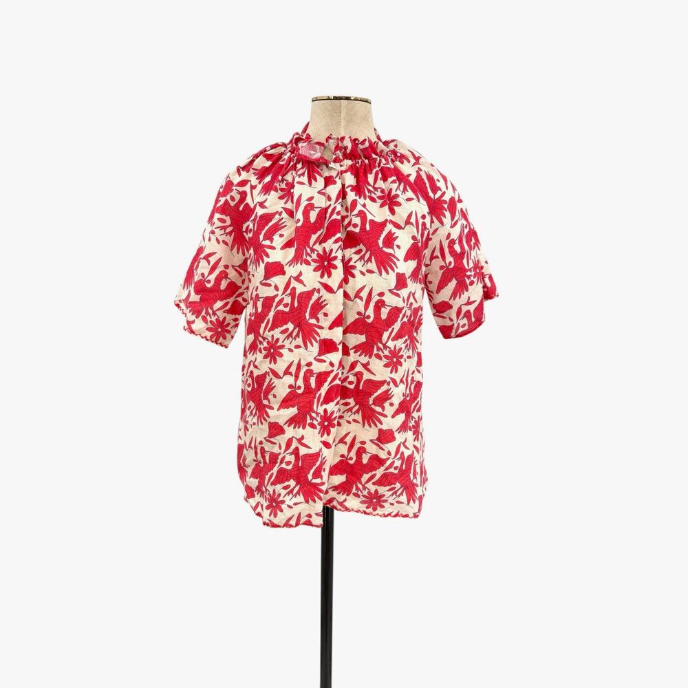 Nimo With Love Linen Bird Print Ruffle Neck Blouse Red Cream Size XS